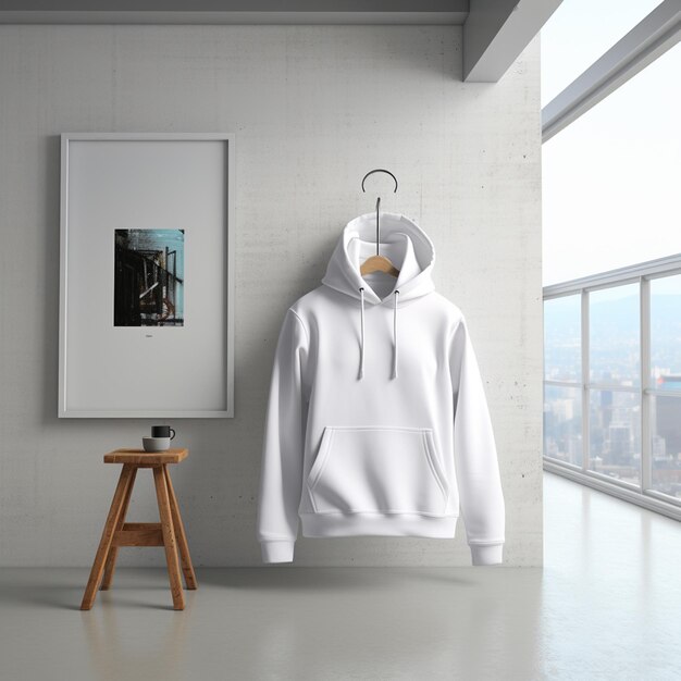 photo realistic white hooded sweatshirt Gildan 18500 hanging on wall the sweatshirt is empty