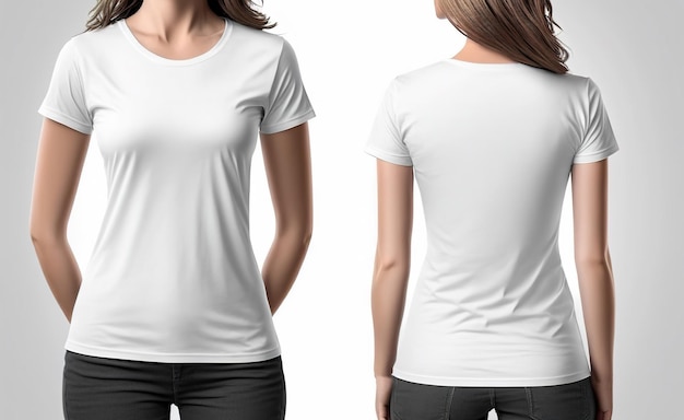 Photo realistic woman white tshirts with copy space front and back view