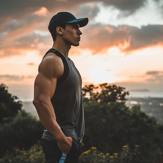 Photo rear view of young male exercising on field