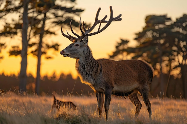 Photo of a red deer in the field at sunrise taken with a sony alpha a iii and an f lens the backg