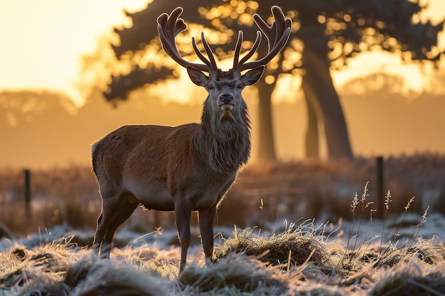 Photo of a red deer in the field at sunrise taken with a sony alpha a iii and an f lens the backg