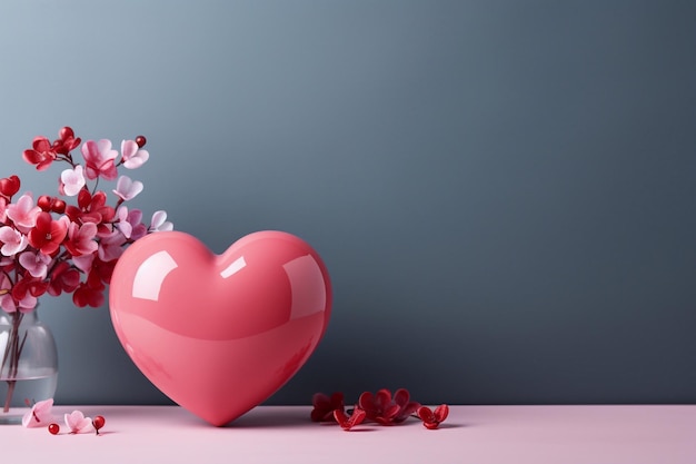 Photo of red Heart on table focus of heart with flower Valentines day concept generative ai