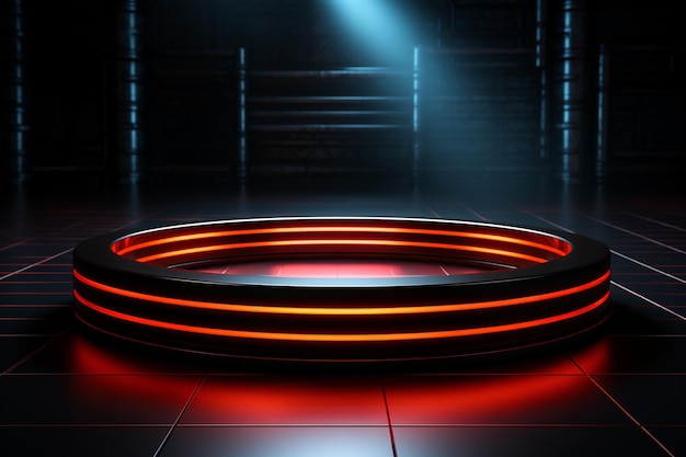 photo red light round podium and black background for mock up realistic image