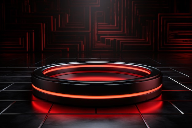 photo red light round podium and black background for mock up realistic image