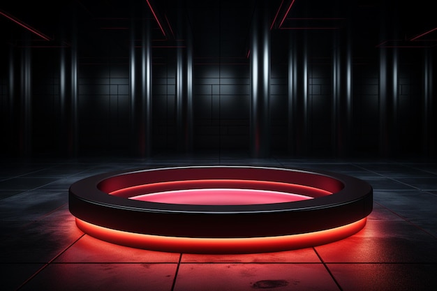 photo red light round podium and black background for mock up realistic image