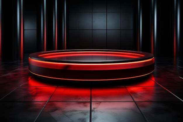 photo red light round podium and black background for mock up realistic image