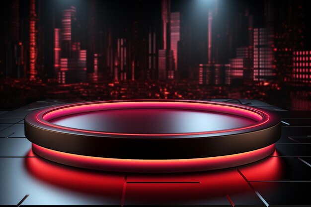 photo red light round podium and black background for mock up realistic image