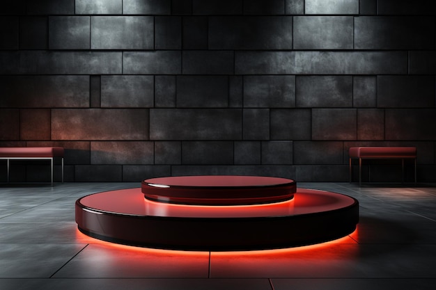 photo red light round podium and black background for mock up realistic image