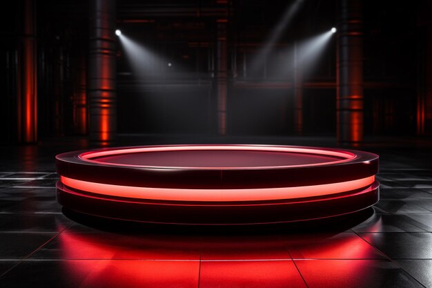 photo red light round podium and black background for mock up realistic image