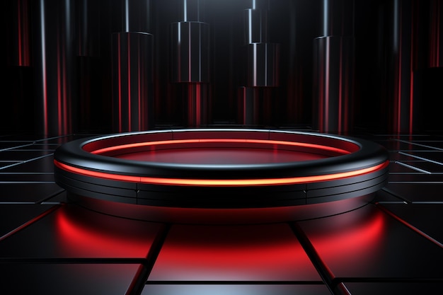 photo red light round podium and black background for mock up realistic image