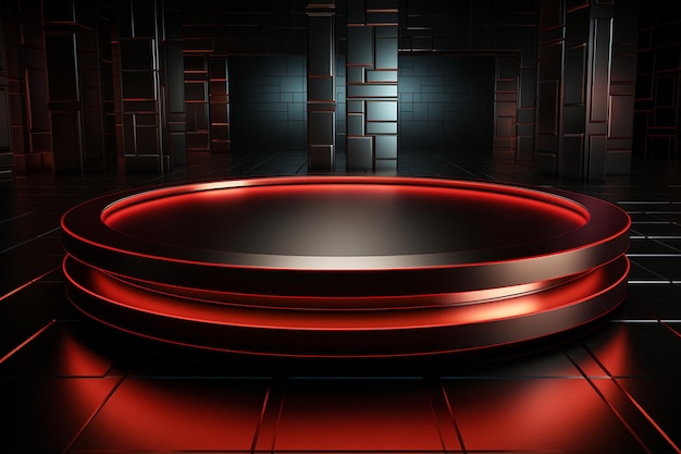 photo red light round podium and black background for mock up realistic image