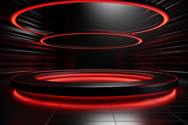 photo red light round podium and black background for mock up realistic image