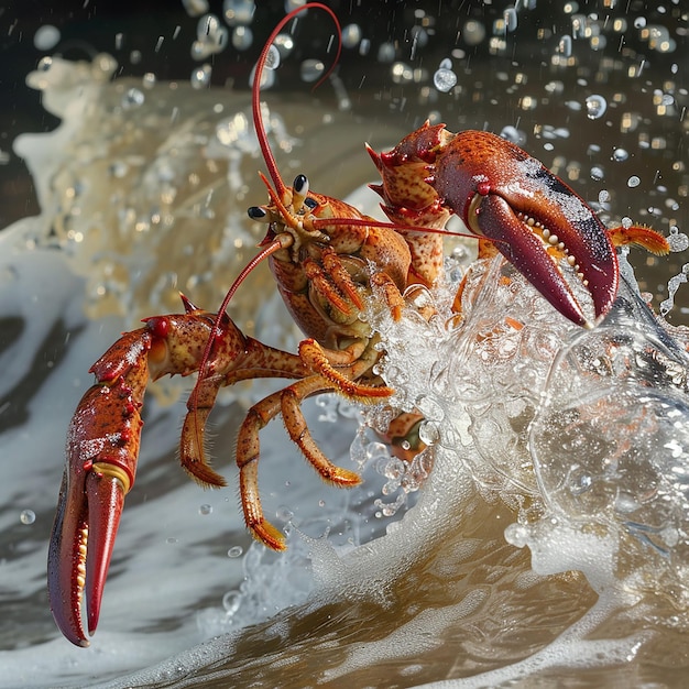 Photo a photo of a red lobster emerging from a crashing wave