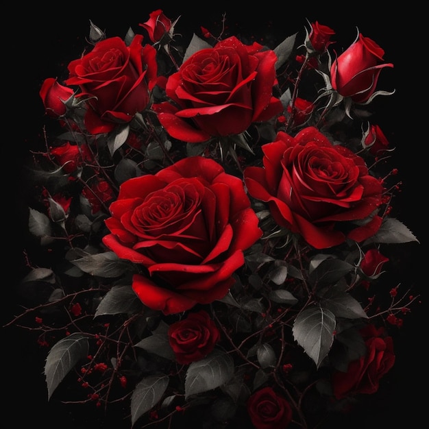 Photo of red roses bouquet spiked splash art aesthetic for tshirt design 14