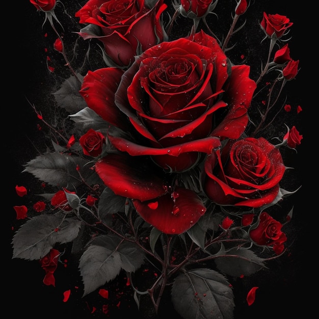 Photo of red roses bouquet spiked splash art aesthetic for tshirt design 4