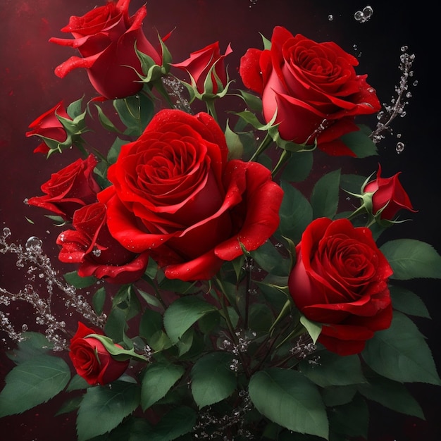 Photo of red roses bouquet spiked splash art aesthetic for tshirt design 9