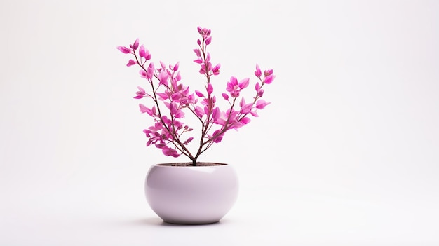 Photo of Redbud flower in pot isolated on white background