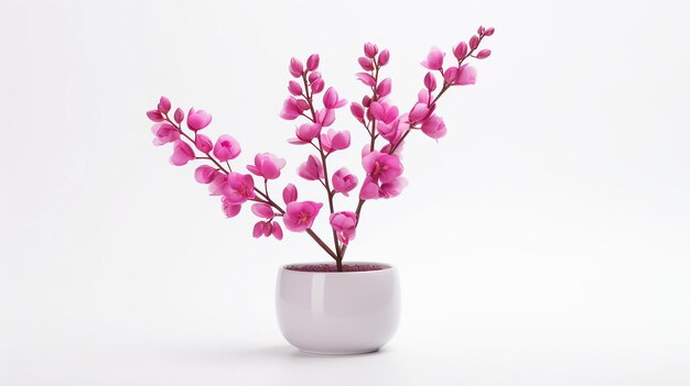 Photo of Redbud flower in pot isolated on white background