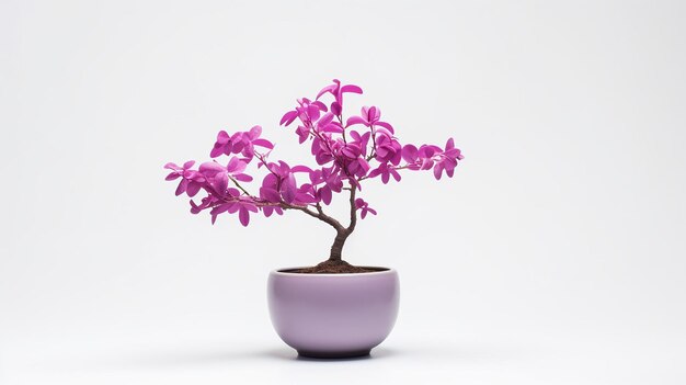 Photo of Redbud flower in pot isolated on white background