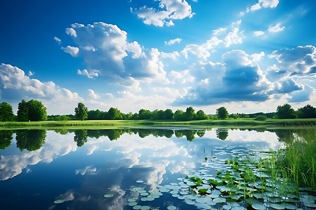 Photo of Reflection of clouds in a serene pond nature background