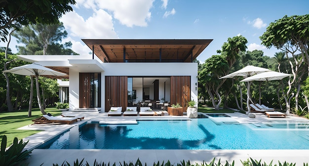 Photo of a relaxing poolside scene with lounge chairs and umbrellas