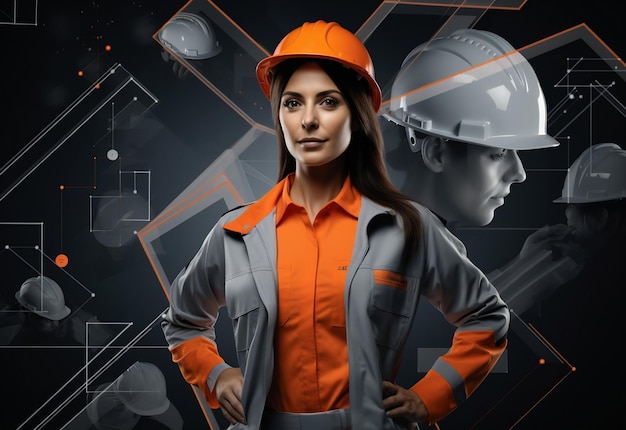 Photo repair construction and maintenance concept smiling woman in helmet with digital background