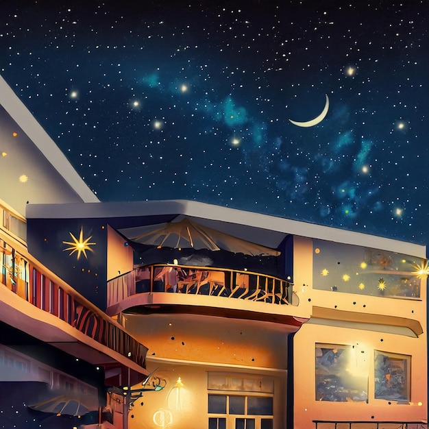 Photo a restaurant with a starry sky and a building with a balcony