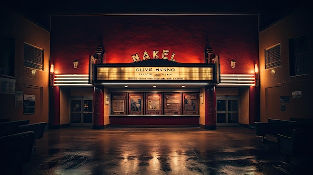 A photo of a retro movie theater with marquee lights warm incandescent lighting