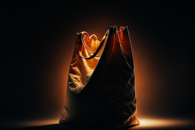 A photo of a reusable cloth grocery bag made of sturdy fabric and with golden light