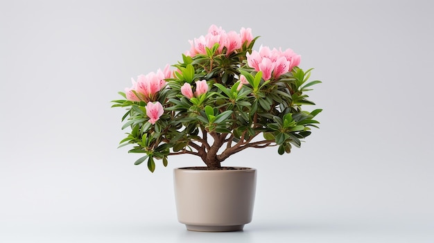 Photo of Rhododendron flower in pot isolated on white background