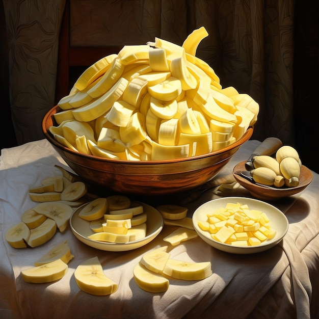 Photo of ripe banana bowl and slices with isolated background