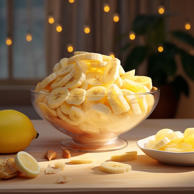 Photo of ripe banana bowl and slices with isolated background