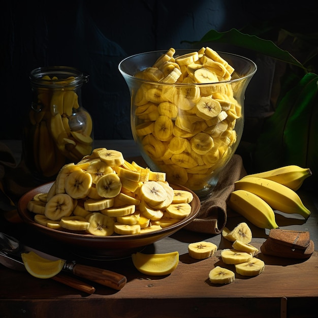 Photo of ripe banana bowl and slices with isolated background