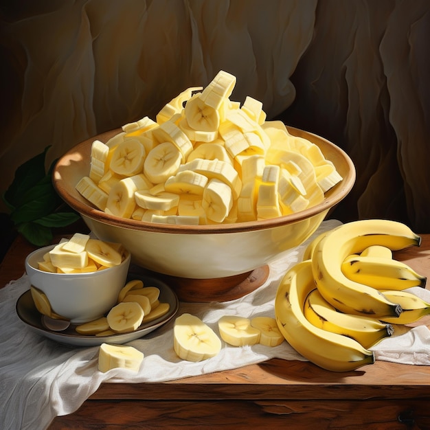 Photo of ripe banana bowl and slices with isolated background