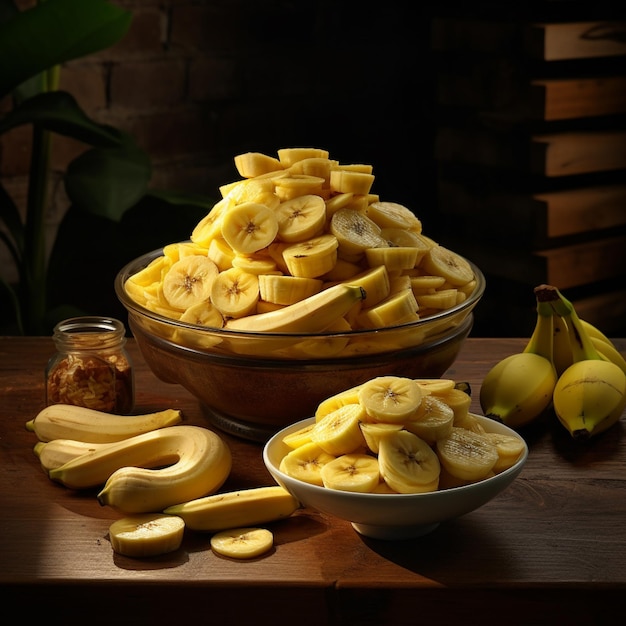 Photo of ripe banana bowl and slices with isolated background