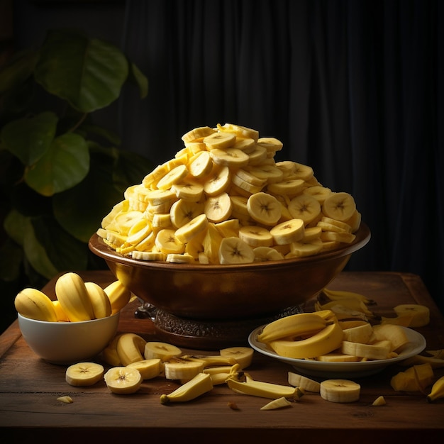 Photo of ripe banana bowl and slices with isolated background