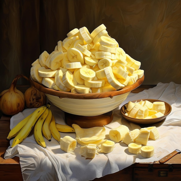 Photo of ripe banana bowl and slices with isolated background