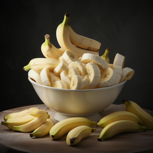 Photo of ripe banana bowl and slices with isolated background