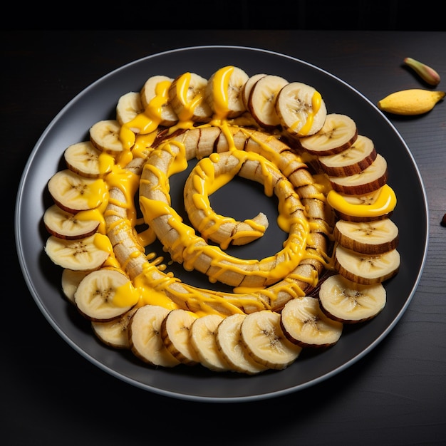 Photo of ripe banana bowl and slices with isolated background