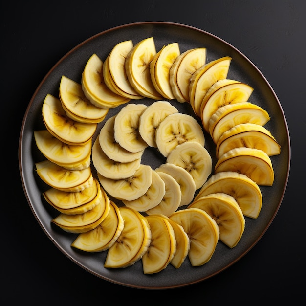 Photo of ripe banana bowl and slices with isolated background