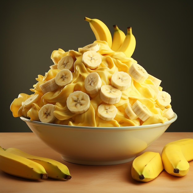 Photo of ripe banana bowl and slices with isolated background