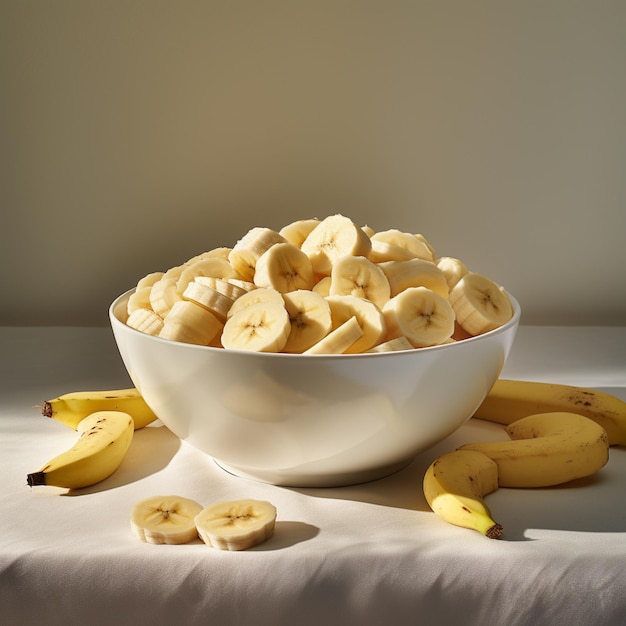 Photo of ripe banana bowl and slices with isolated background