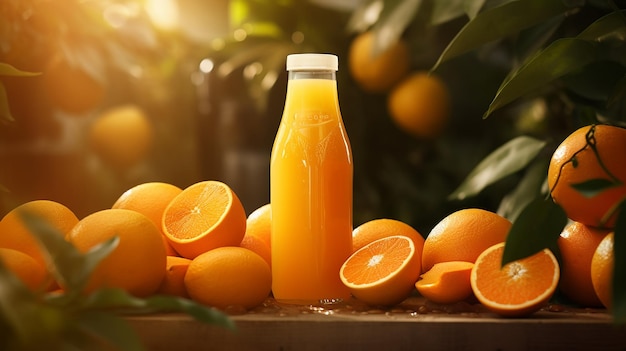 Photo of ripe orange fruit on wooden table and orange juice