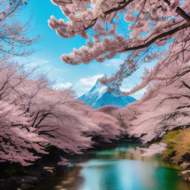 A photo of a river with a mountain in the background