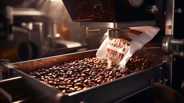 A photo of roasted coffee beans being poured