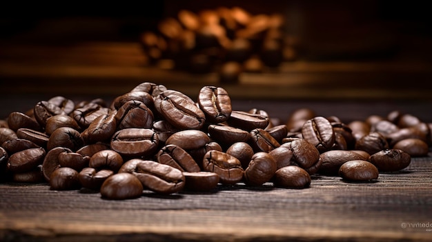 A photo of roasted coffee beans on a rustic wood