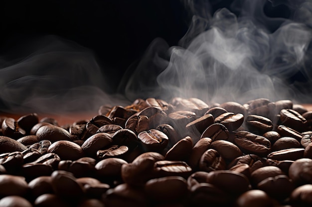 Photo roasted coffee beans with aromatic smoke