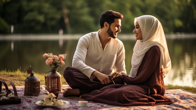 Photo romantic couple islamic having a picnic