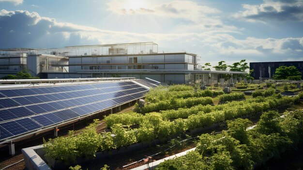 A photo of a rooftop farm with solar panels