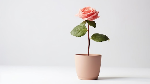 Photo of Rose flower in pot isolated on white background